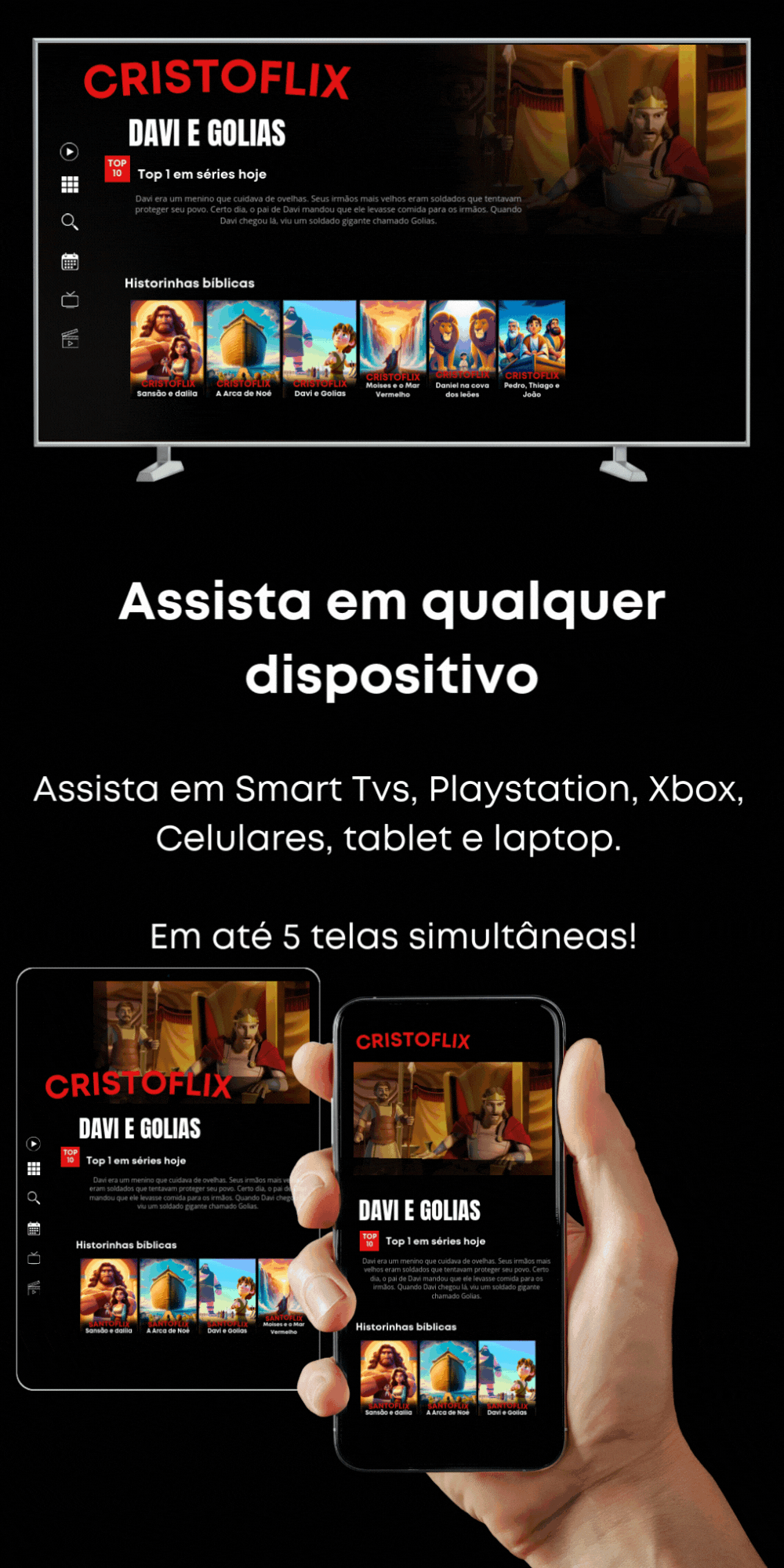 Interface CRISTOFLIX em múltiplos dispositivos - TV, tablet e celular